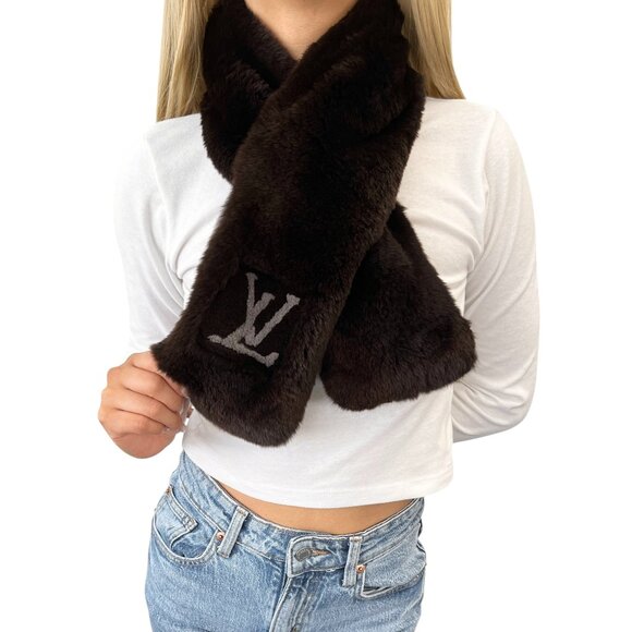 LOUIS VUITTON Vintage LV Logo Muffler Scarf Brown Gray Rabbit Fur Wool [105045] - Picture 1 of 11